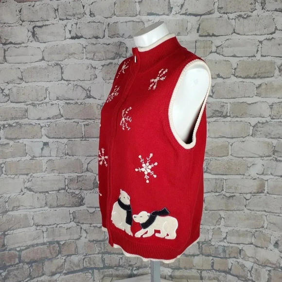 Vintage 90s Embroidered Knit Full Zip Vest Polar Bears Red Large cleo - Picture 7 of 15
